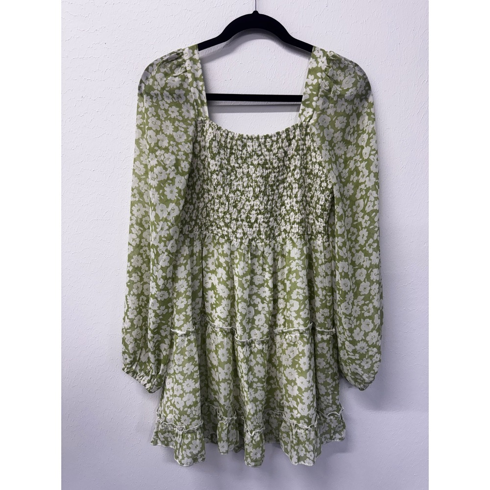 Lulu's Fresh Season Green Floral Smocked Balloon Sleeve Cottage Mini Dress Sz L - Picture 10 of 13